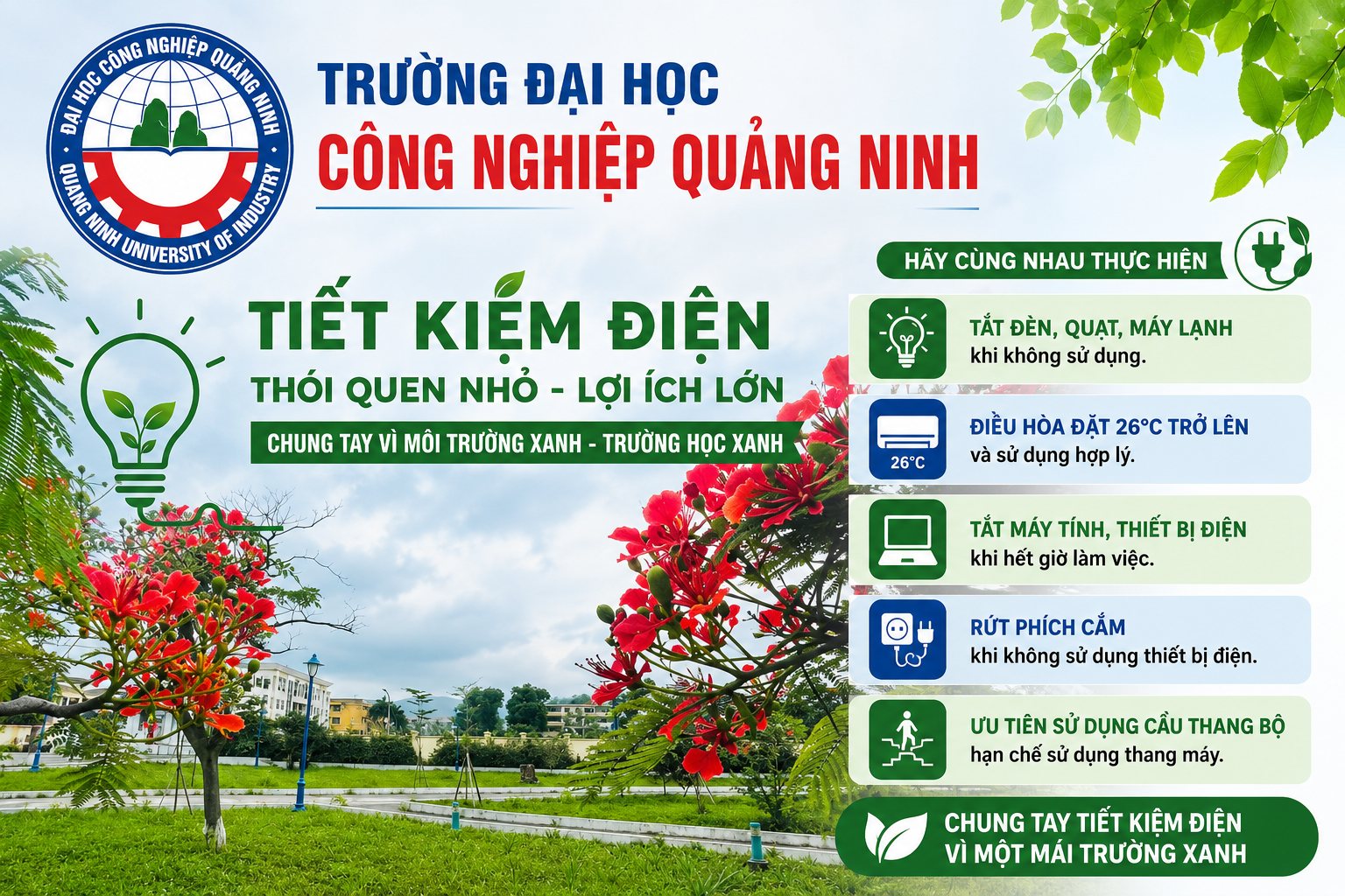 Trường Đại học Công nghiệp Quảng Ninh tăng cường các biện phát tiết kiện điện hiệu quả