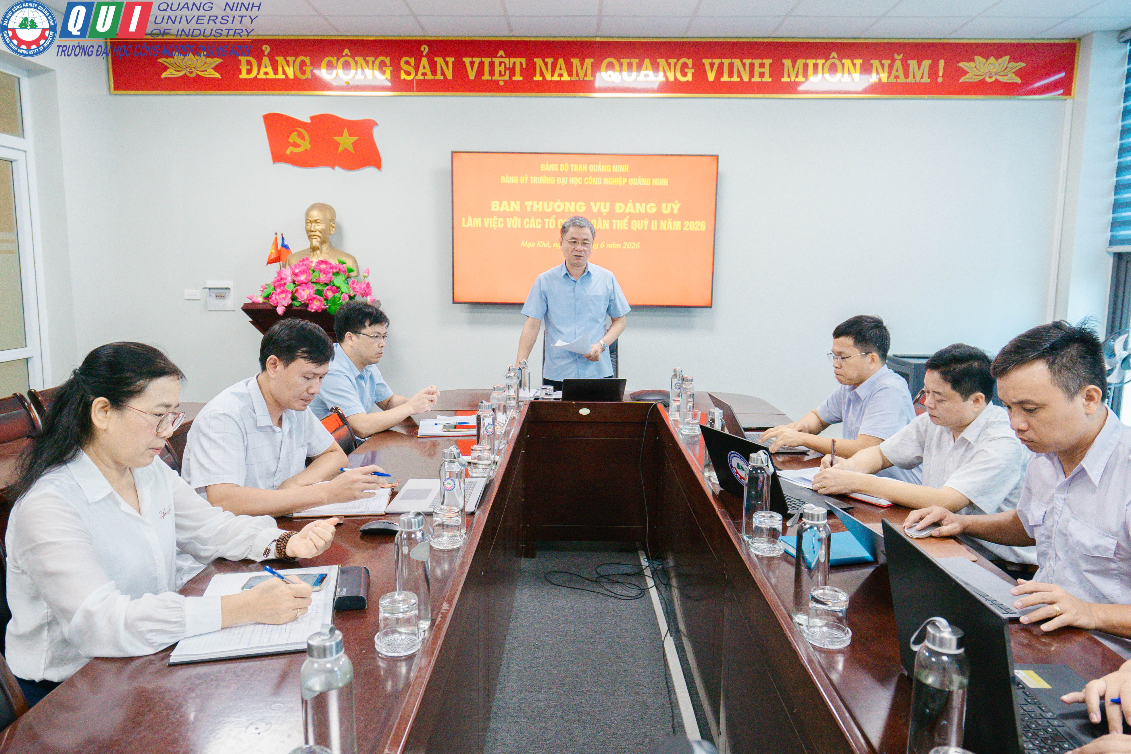 Ban Thường vụ Đảng ủy Trường Đại học Công nghiệp Quảng Ninh làm việc với các tổ chức đoàn thể về kết quả thực hiện nhiệm vụ quý II và triển khai nhiệm vụ trọng tâm quý III năm 2026